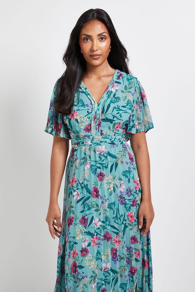 Wallis Wallis Women's Petite Floral Chiffon Pleated Sleeve Midi Dress in Green - 2