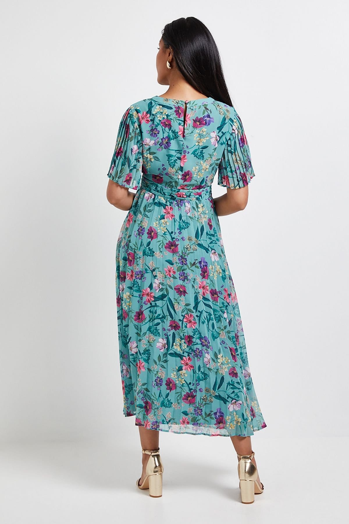 Wallis Wallis Women's Petite Floral Chiffon Pleated Sleeve Midi Dress in Green - 4