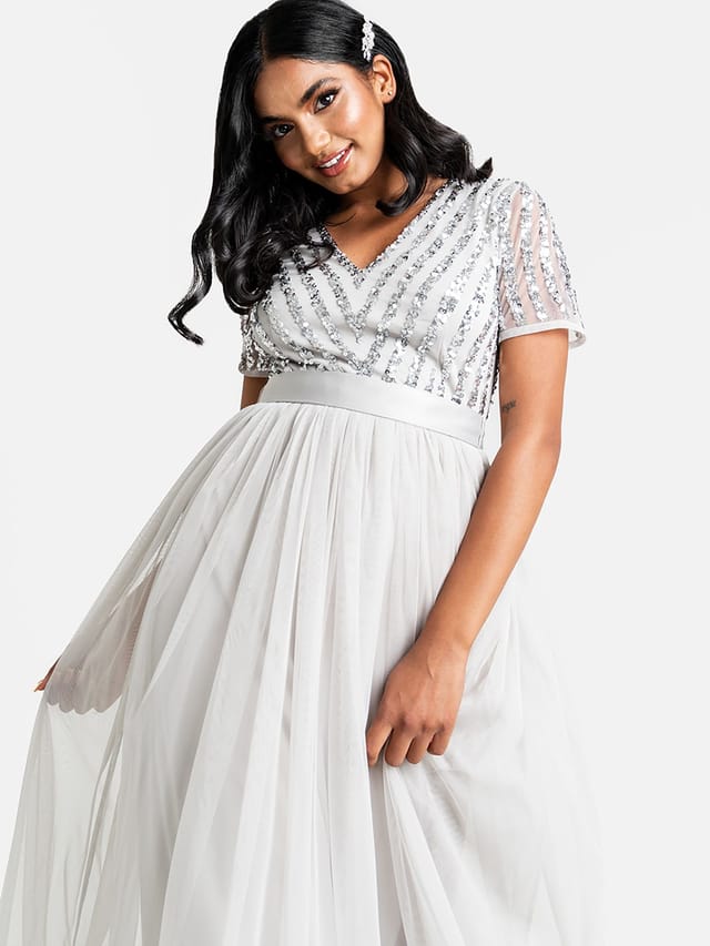 Maya Deluxe Maya Deluxe Women's Belted Stripe Embellished Maxi Dress in Grey - 2