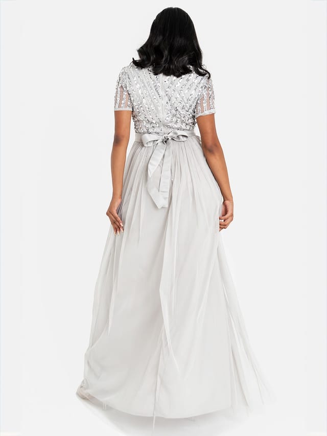 Maya Deluxe Maya Deluxe Women's Belted Stripe Embellished Maxi Dress in Grey - 3