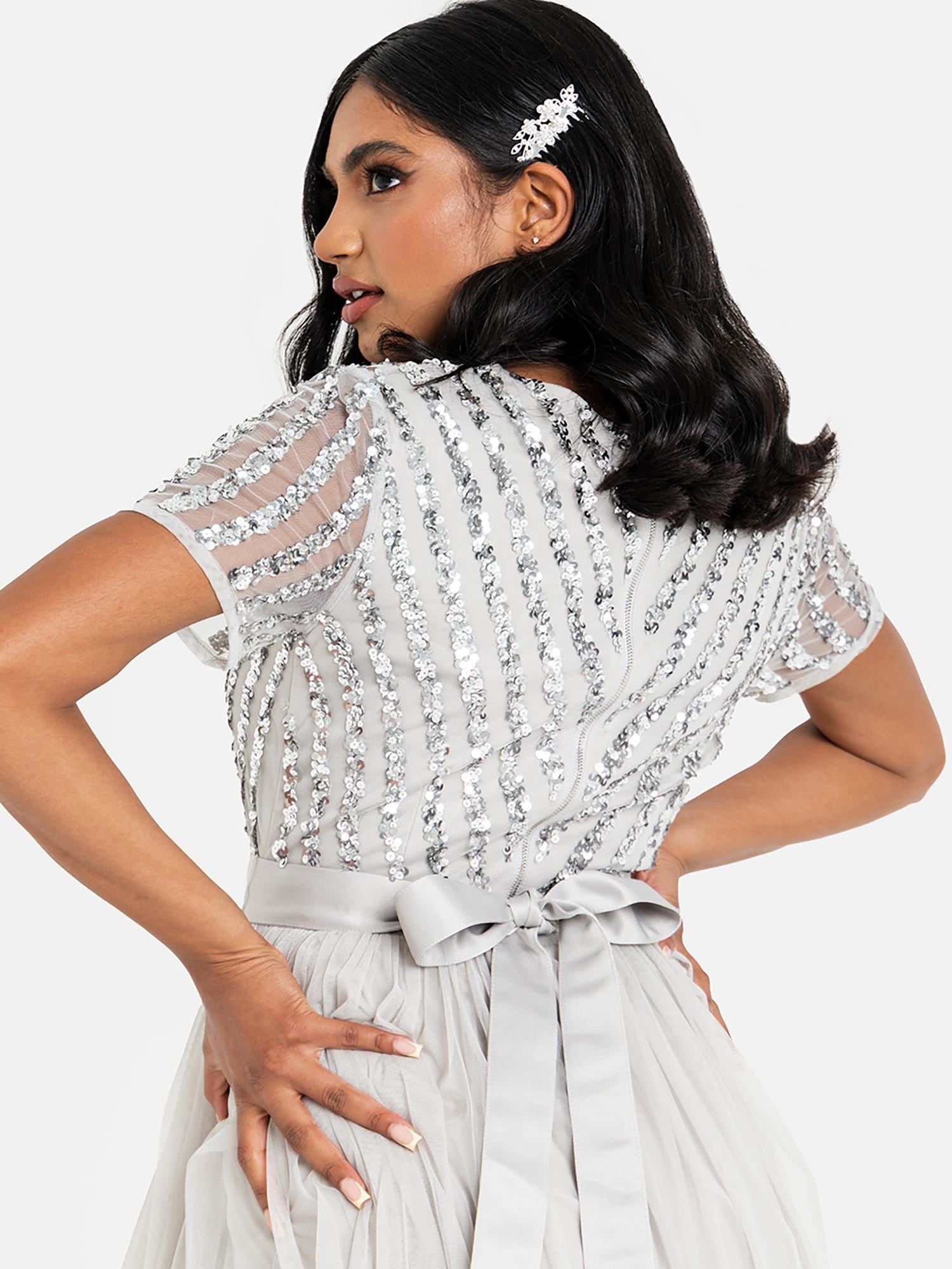 Maya Deluxe Maya Deluxe Women's Belted Stripe Embellished Maxi Dress in Grey - 4