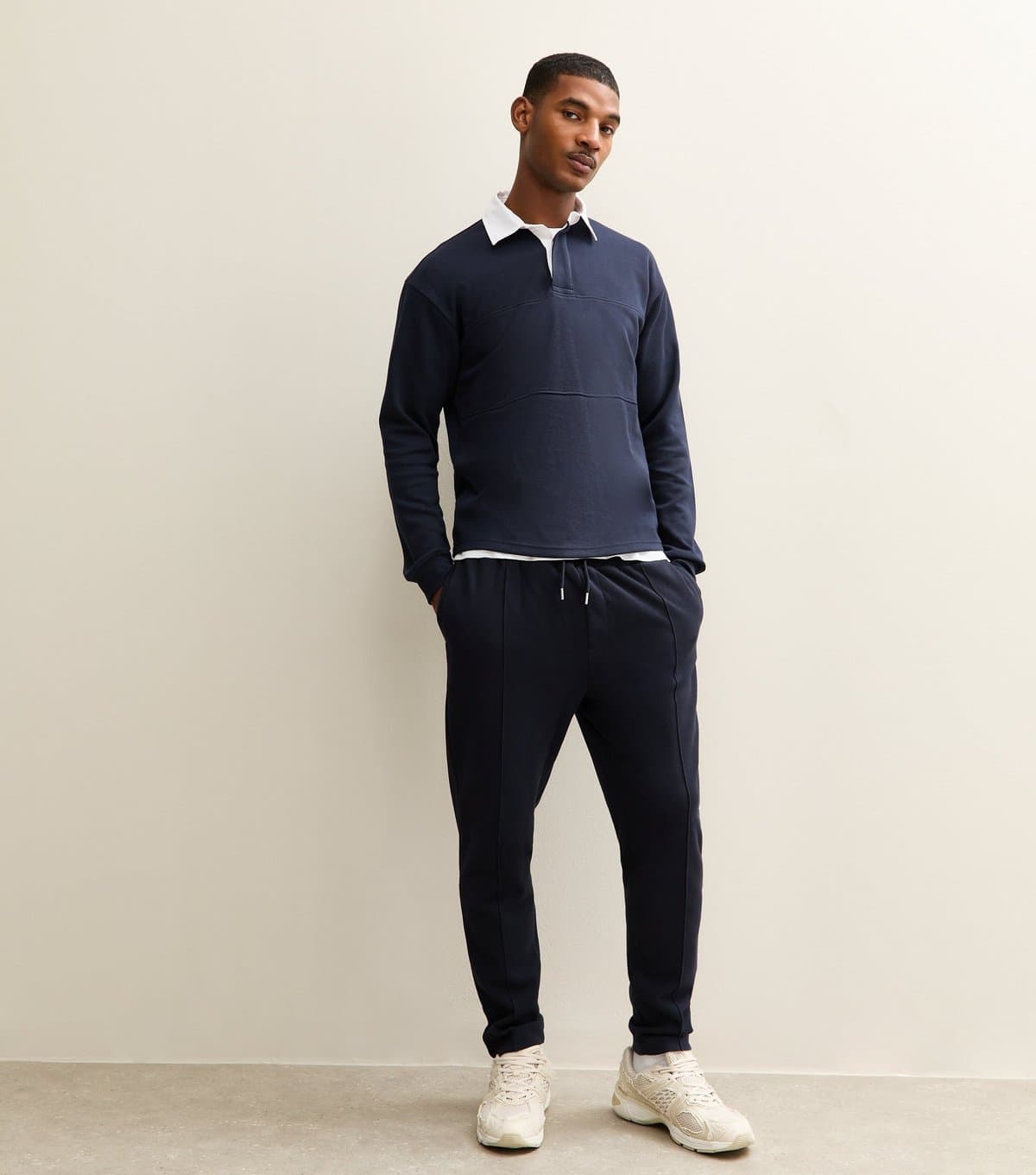 New Look Men's Navy Pique Jersey Pintuck Tapered Leg  Regular Fit Joggers New Look