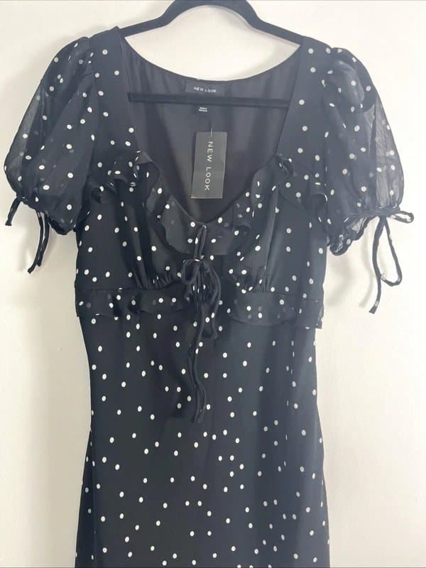 New Look New look - chiffon frill polka dot dress - size 12 - black/white