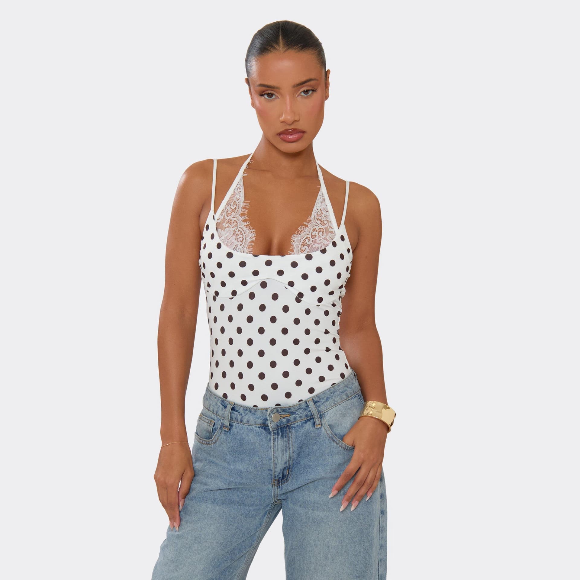EGO Strappy Lace Trim Bodysuit In White Polka Dot, Women's Size UK M/L