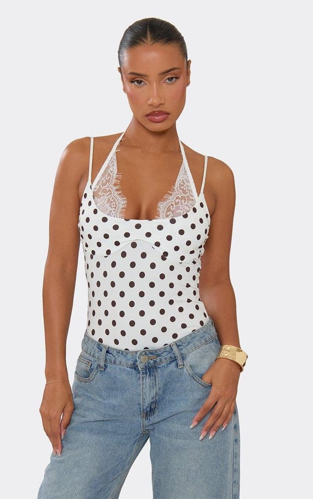 EGO Strappy Lace Trim Bodysuit In White Polka Dot, Women's Size UK M/L - 2