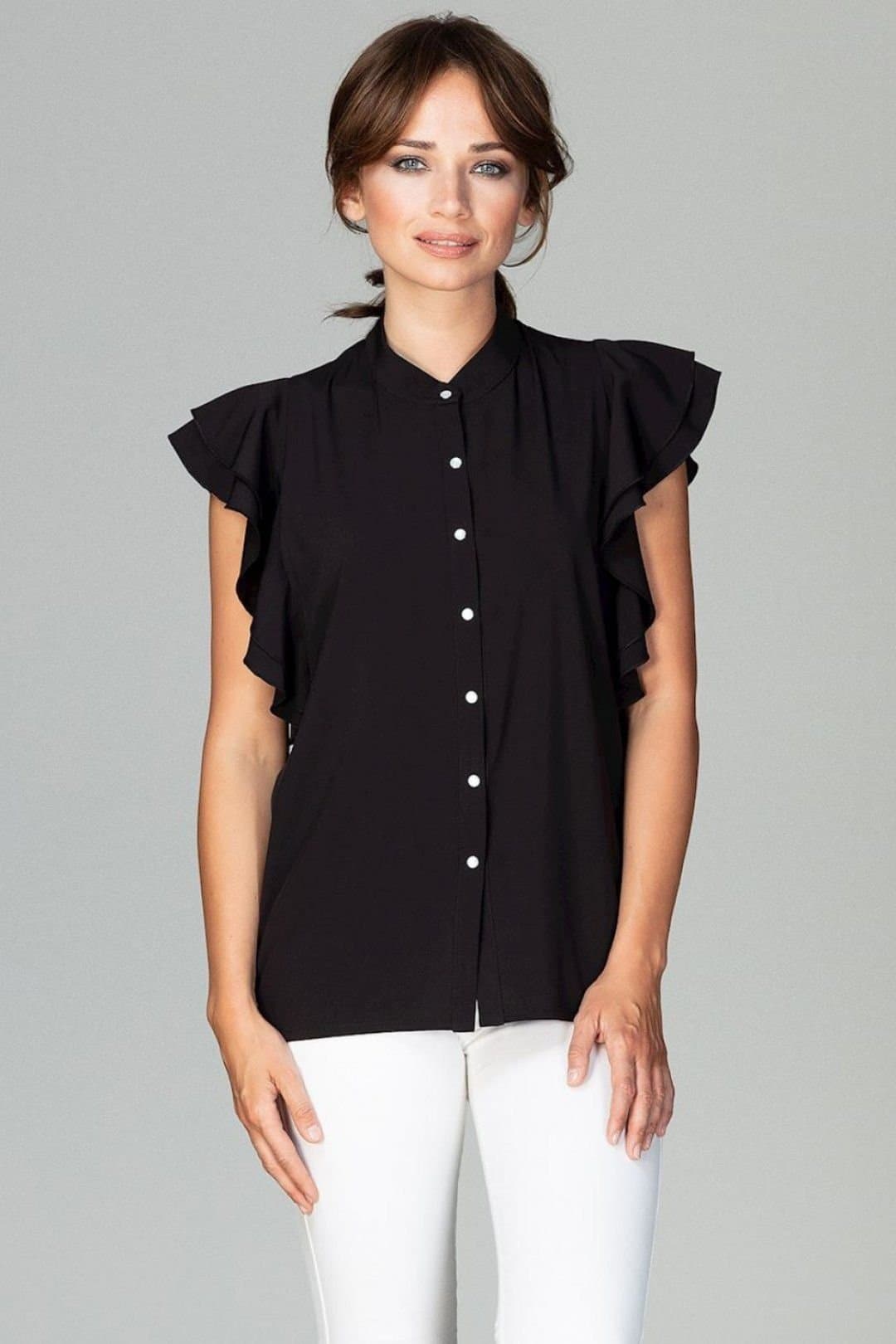 Love Lace Love Lace Women's Loose Fit Shirt with Frilled Sleeves Buttons Style 122498 in Black