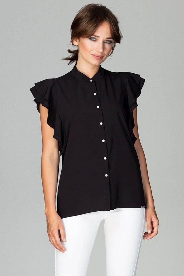 Love Lace Love Lace Women's Loose Fit Shirt with Frilled Sleeves Buttons Style 122498 in Black - 2