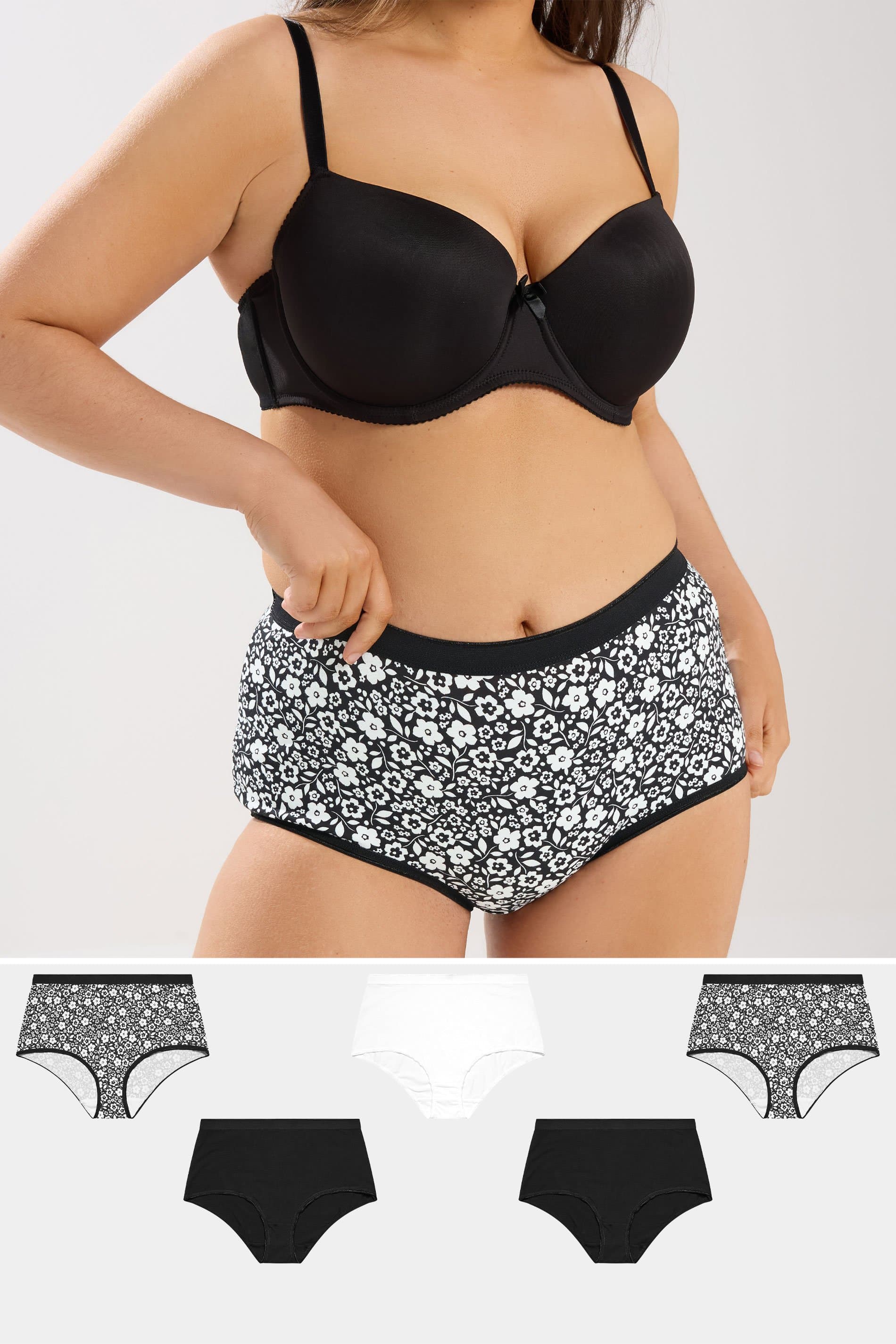 Yours 5 Pack Plus Size Black & White Floral Full Briefs