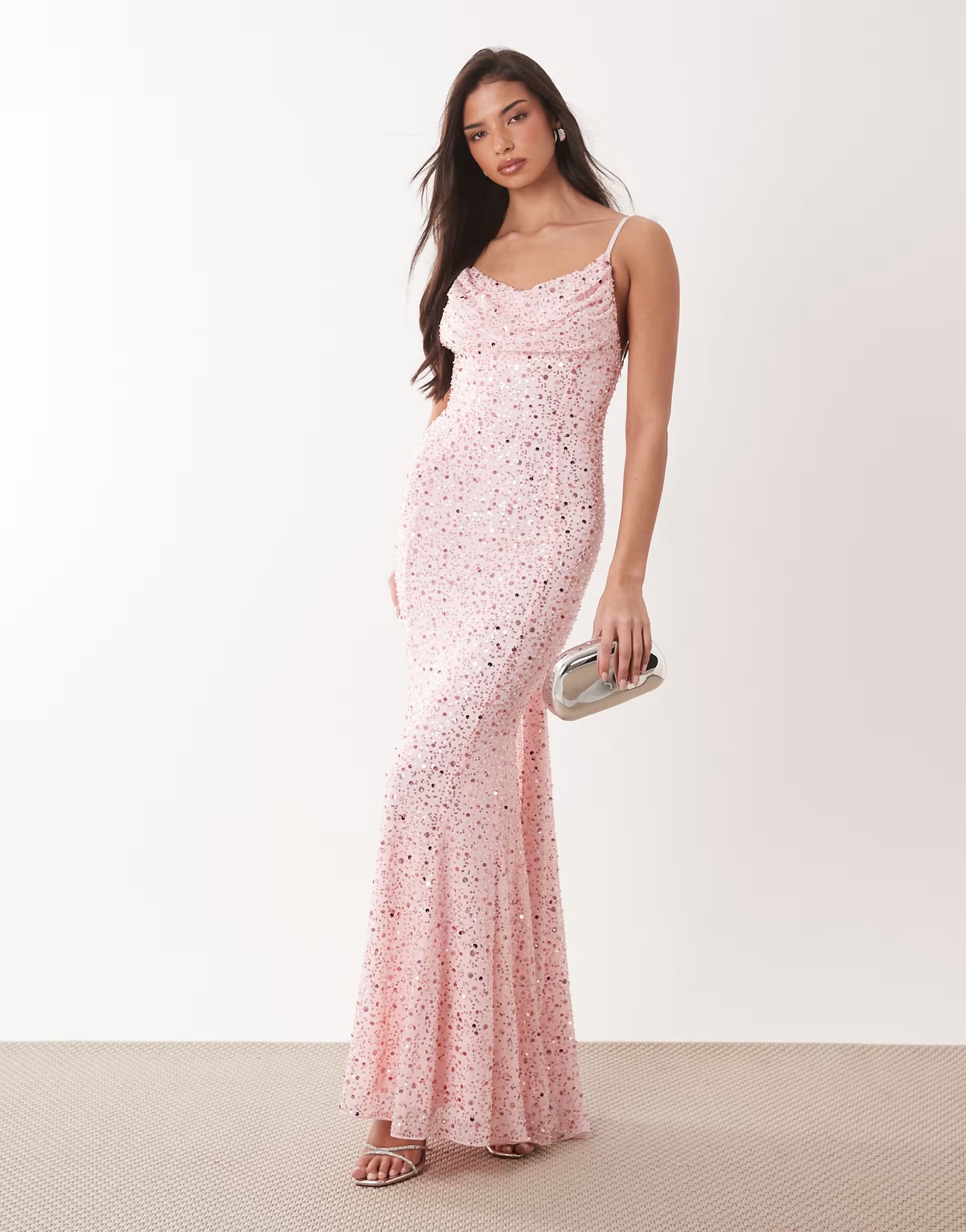 ASOS Oh Polly Premium embellished open-back maxi dress in baby pink
