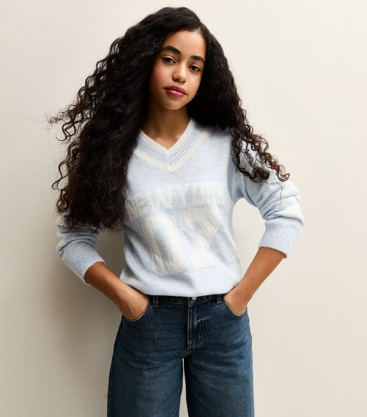 New Look Girls' Light Blue New York Logo V-Neck Jumper New Look