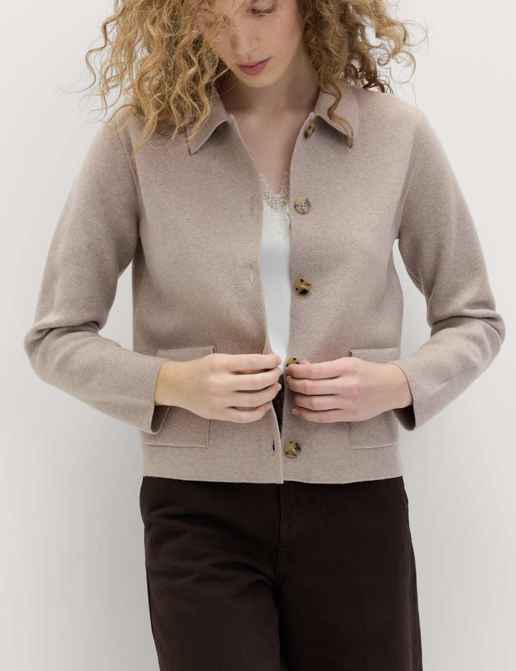 Marks & Spencer M&S Air-Yarn Pocket Detail Knitted Jacket Light Beige - 3