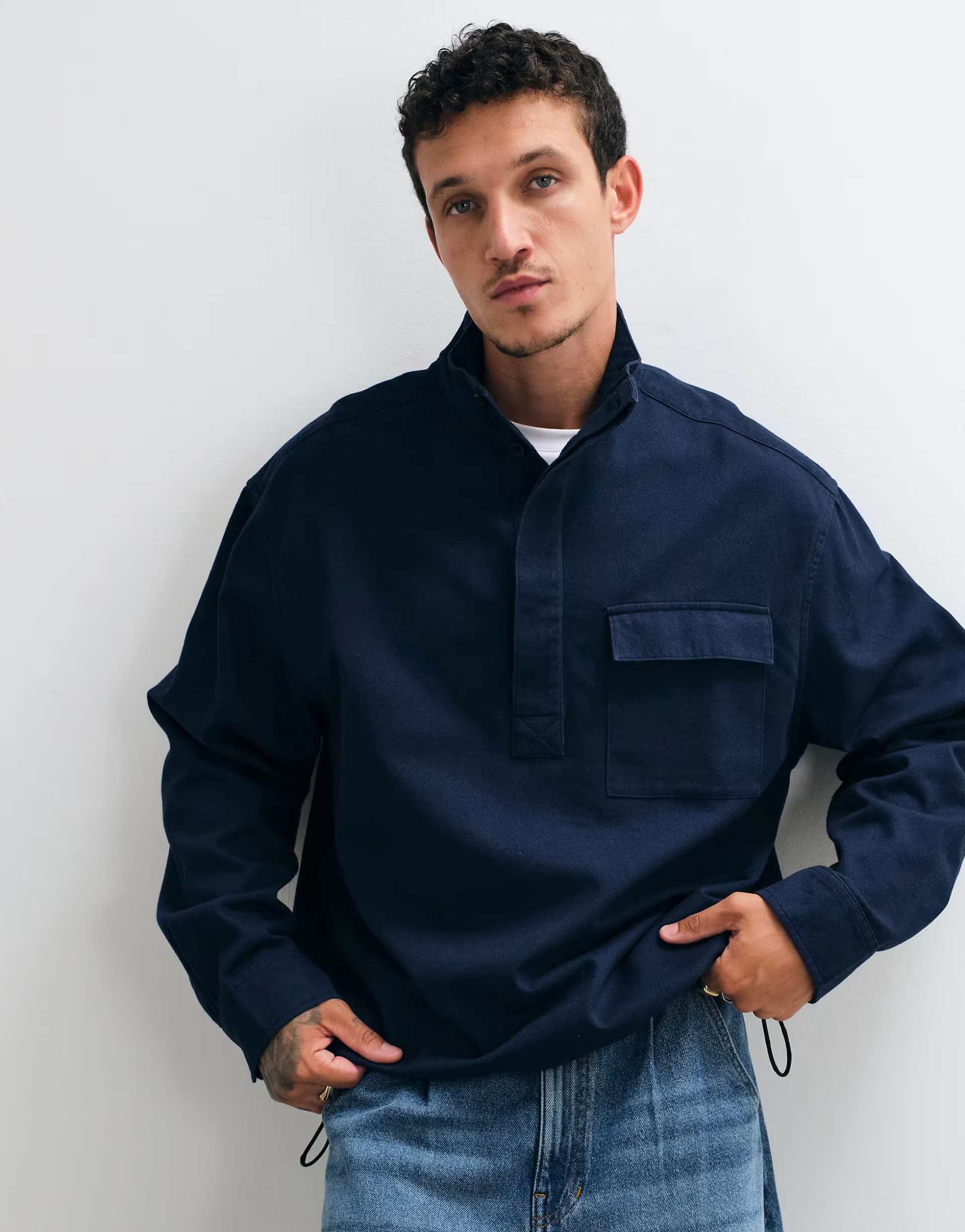ASOS ASOS DESIGN oversized funnel neck cotton twill shirt in navy