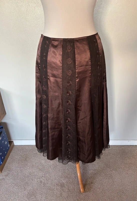 Marks & Spencer Vintage Y2K Per Una brown silky lace panel midi skirt - size 12R