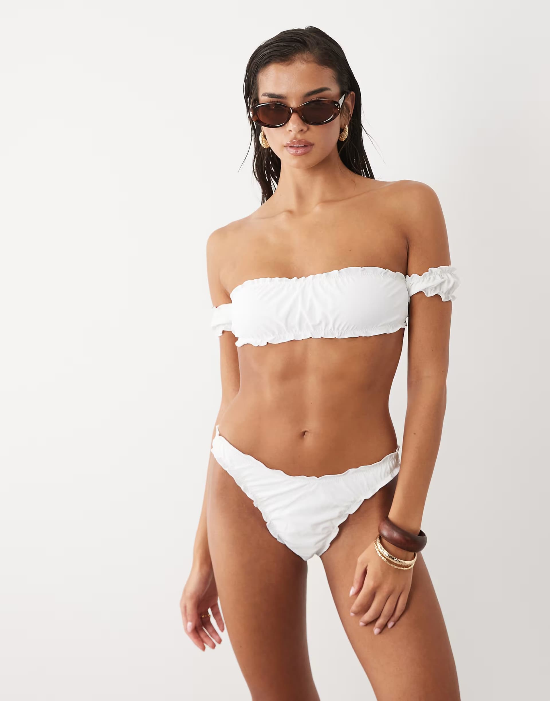 ASOS The Frolic exclusive ruched frill bikini bottoms co-ord in white