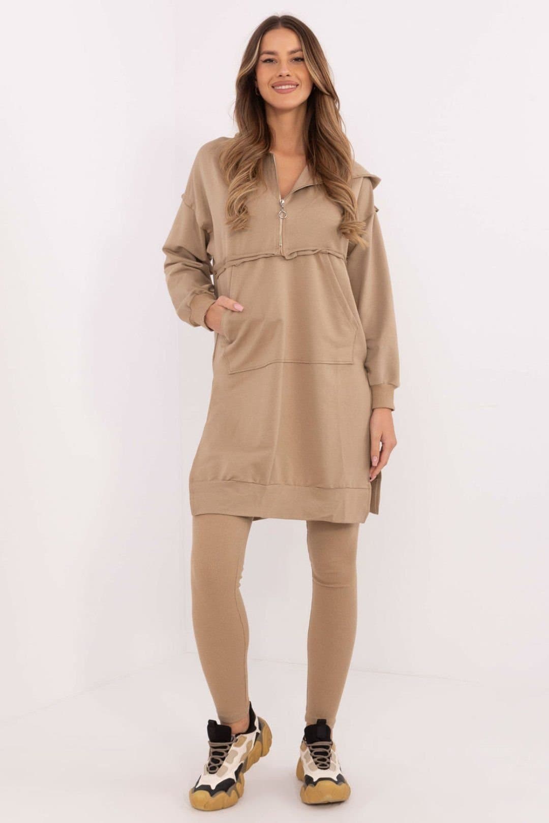 Love Lace Love Lace Women's Cotton Elastane Long Sweatshirt Leggings Set in Beige