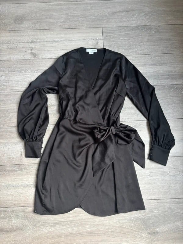 Never Fully Dressed Black Silk Wrap Dress - Size Medium