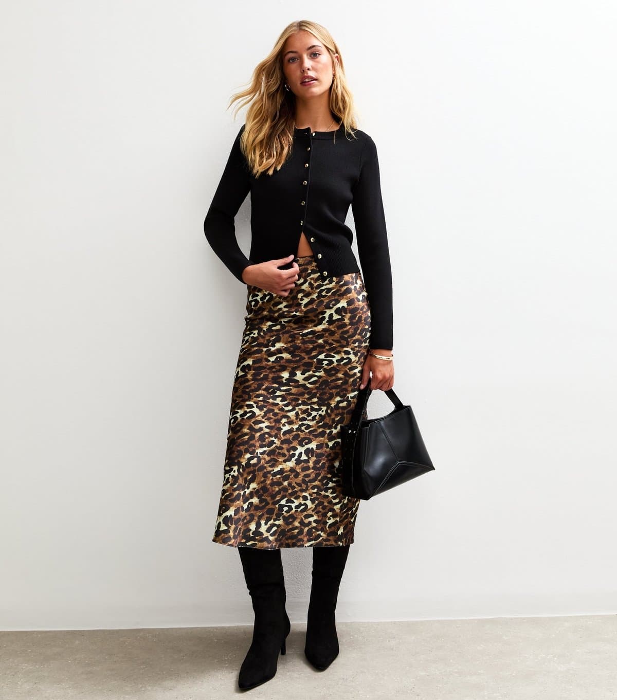 New Look Women's Tall Brown Leopard Print Satin Midi Skirt New Look