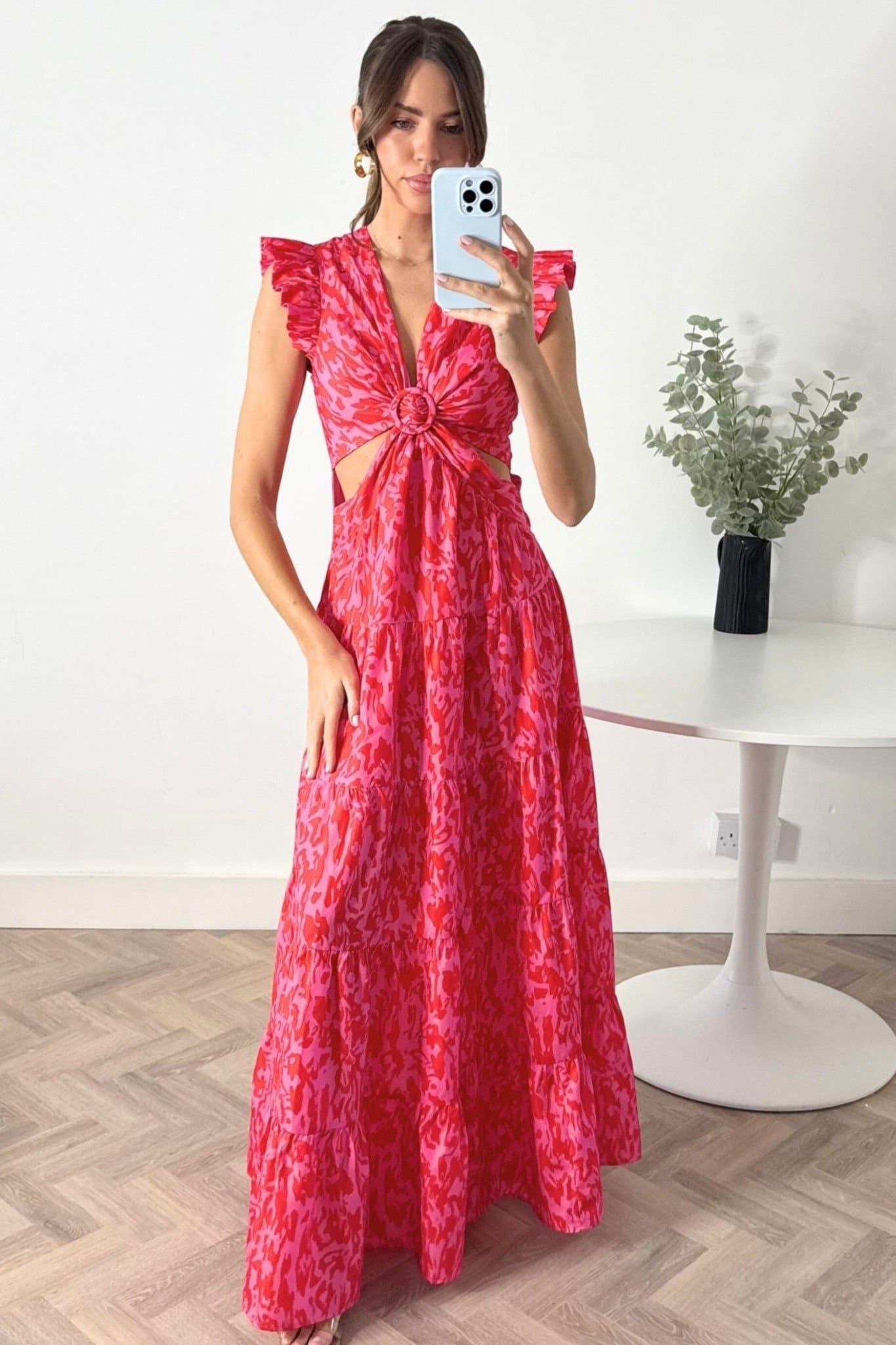 Style Cheat Style Cheat Women's Indie Cut-Out Frill Maxi Red & Pink Floral Print Dress