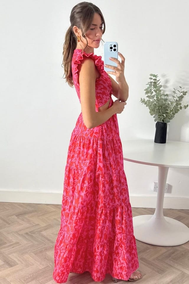 Style Cheat Style Cheat Women's Indie Cut-Out Frill Maxi Red & Pink Floral Print Dress - 2