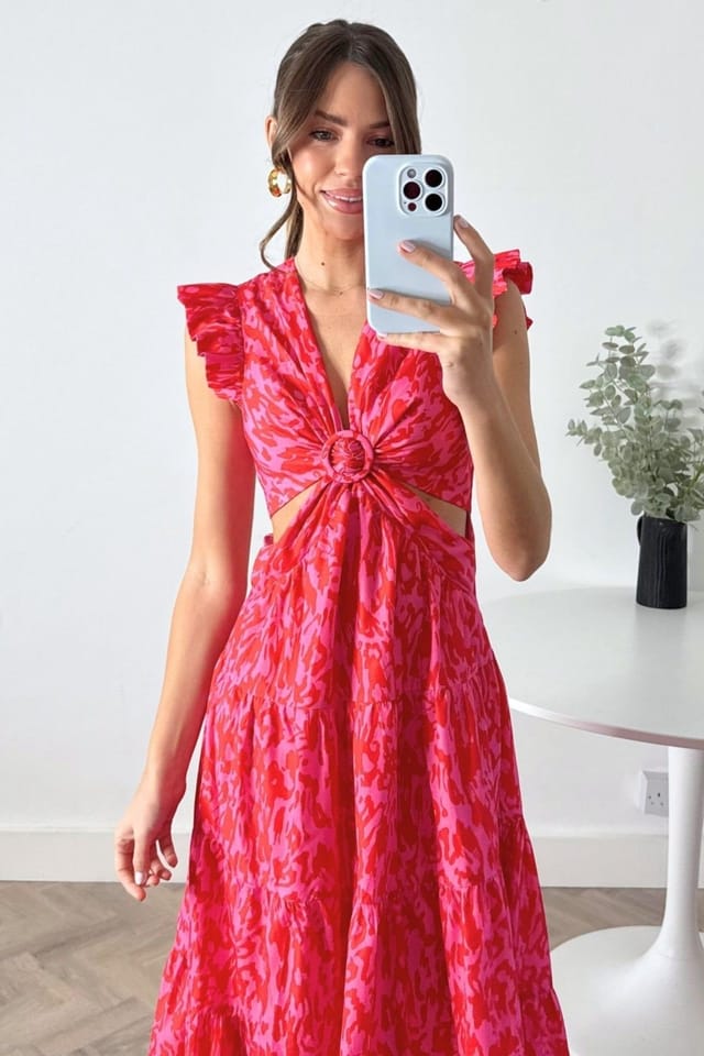 Style Cheat Style Cheat Women's Indie Cut-Out Frill Maxi Red & Pink Floral Print Dress - 3