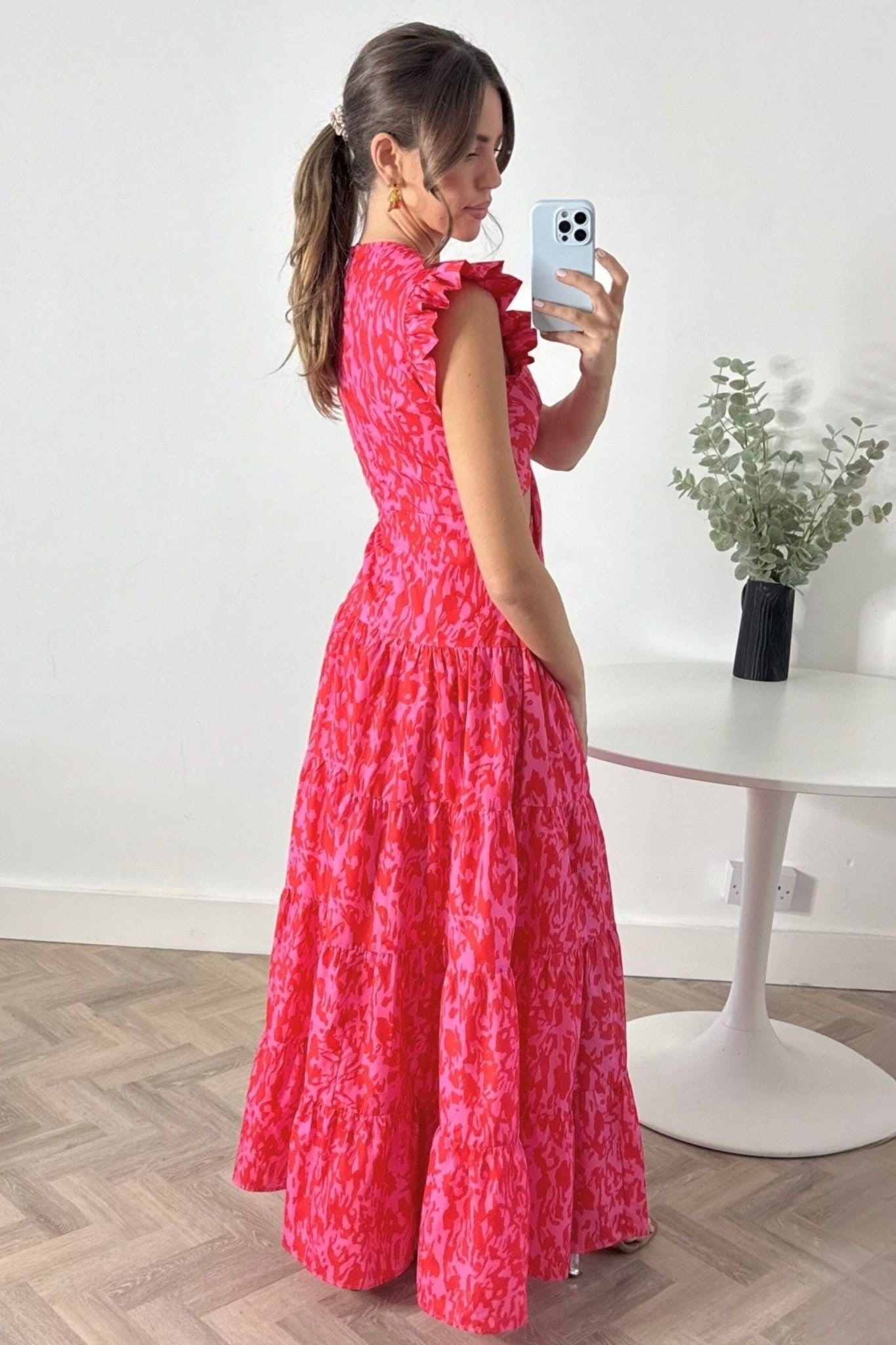 Style Cheat Style Cheat Women's Indie Cut-Out Frill Maxi Red & Pink Floral Print Dress - 4