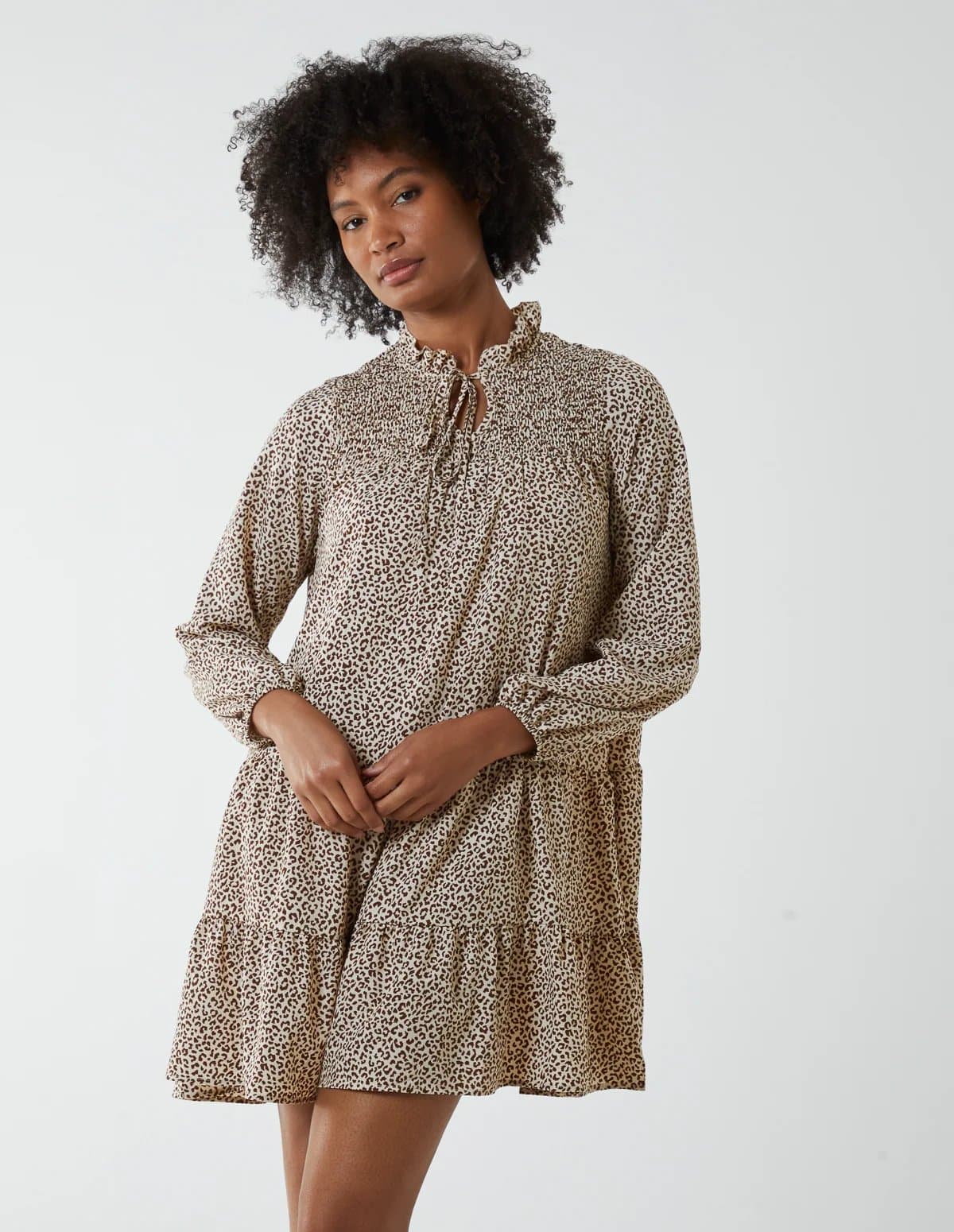 Blue Vanilla Shirred Cheetah Smock Dress