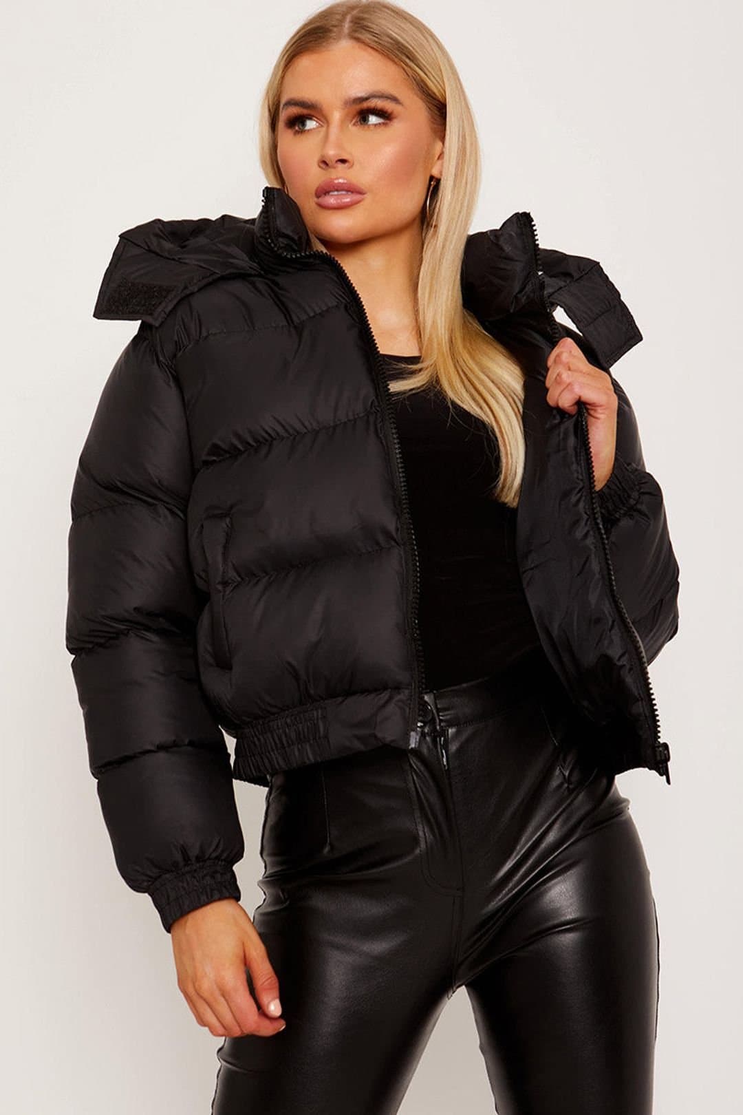 STYLEWISE STYLEWISE Women's Hooded Padded - Drawstring Hem - Puffer Jacket in Black