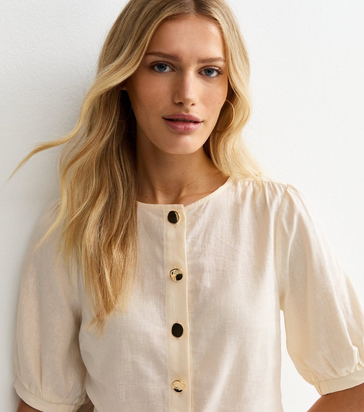 New Look White Linen Blend Gold Tone Textured Button Blouse