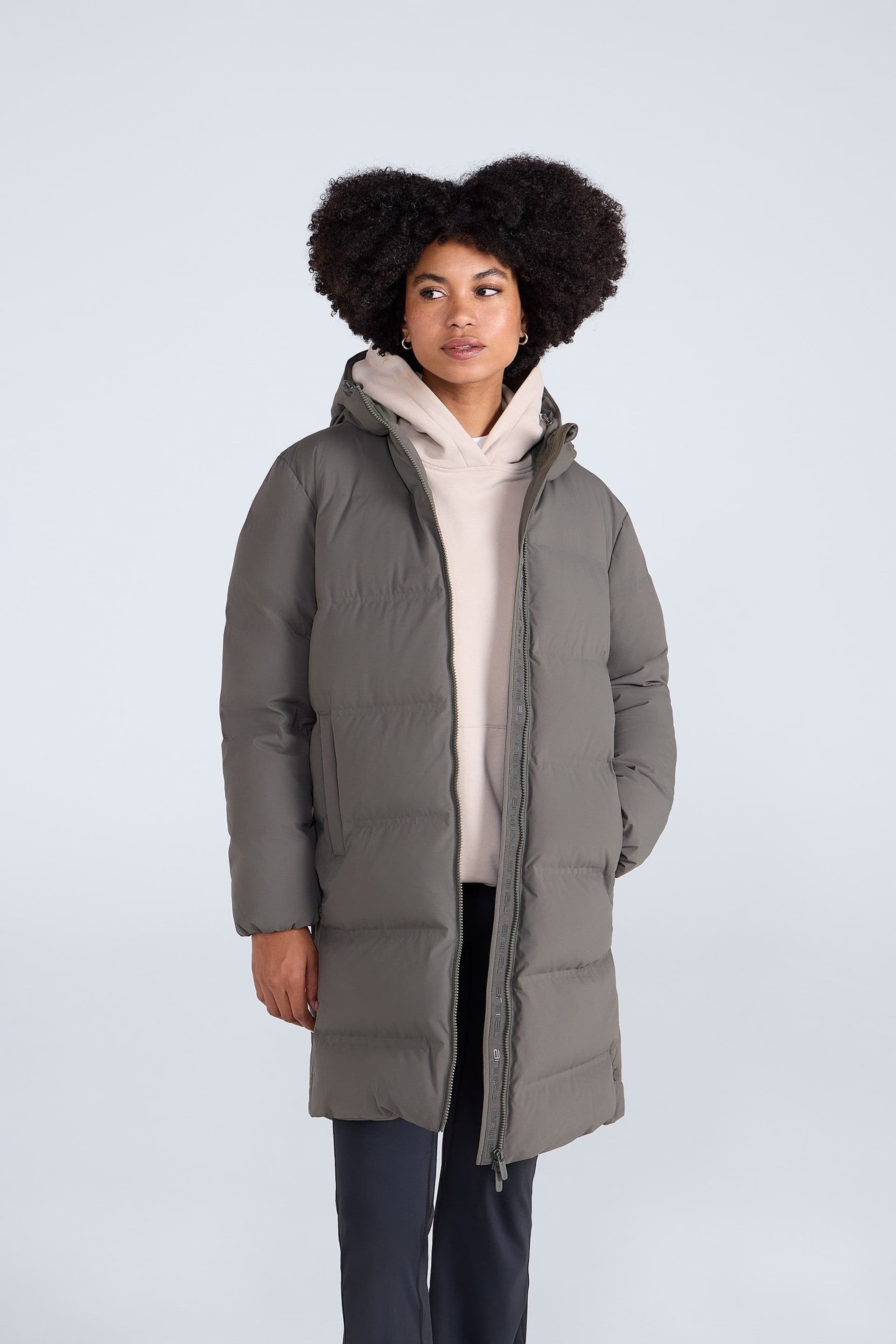 Animal Animal Women's 'Cosi Cloud' Water Resistant Mid Length Warm Hooded Down Filled Coat in Khaki