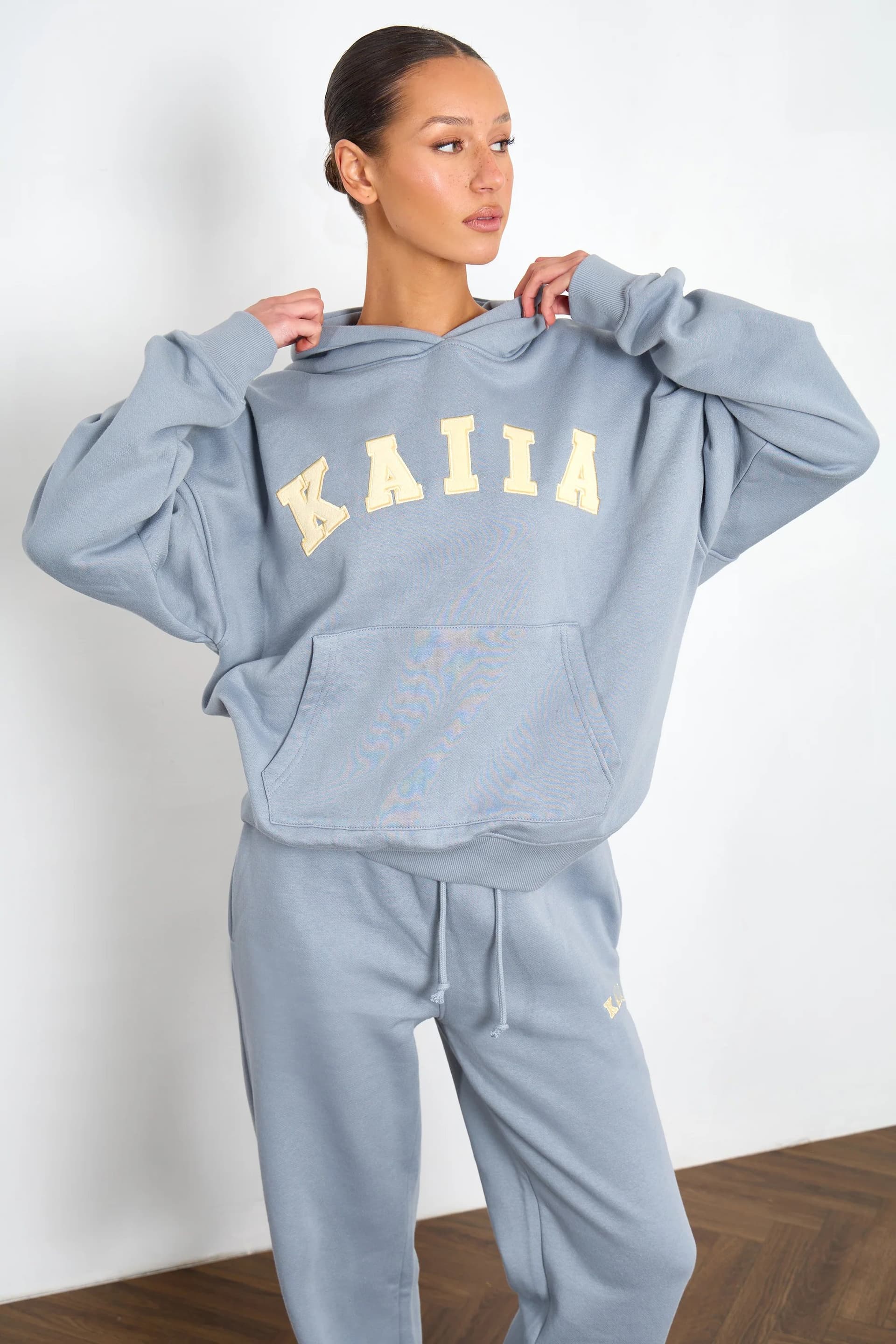 Kaiia Kaiia Slogan Oversized Hoodie Mist Grey & Yellow