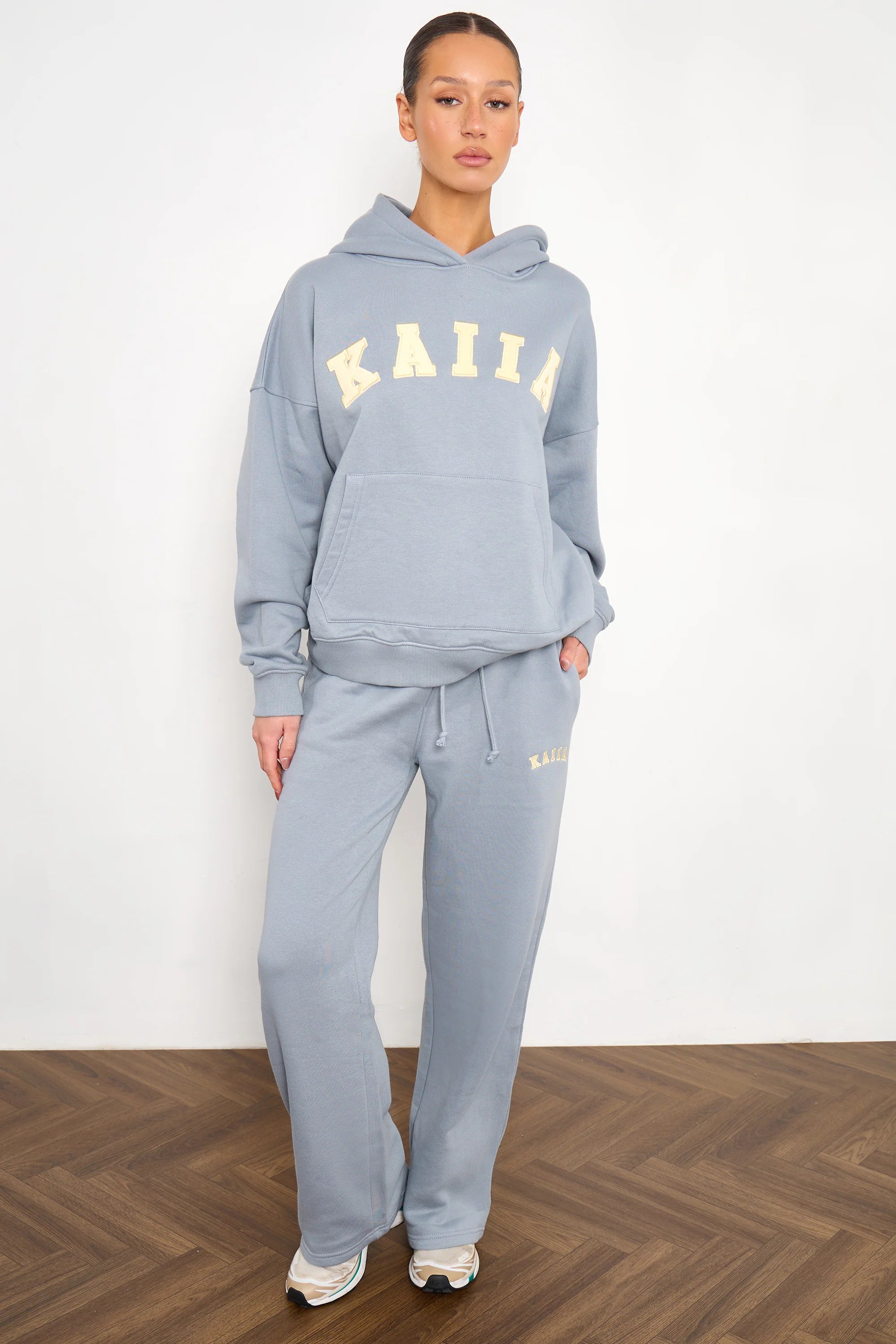 Kaiia Kaiia Slogan Oversized Hoodie Mist Grey & Yellow - 3