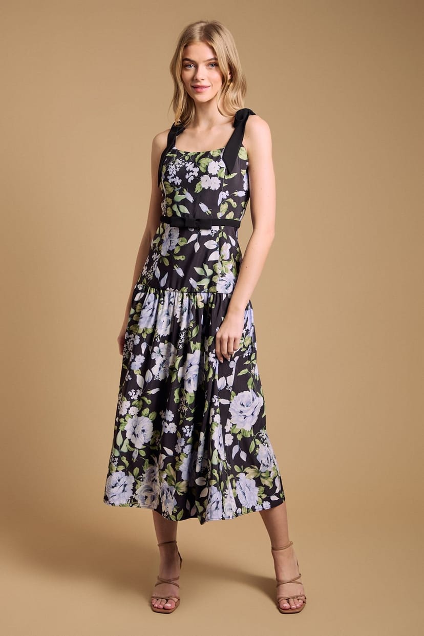 Oasis Oasis Women's Petite Bow Detail Dropped Waist Midi Dress in Black - 1