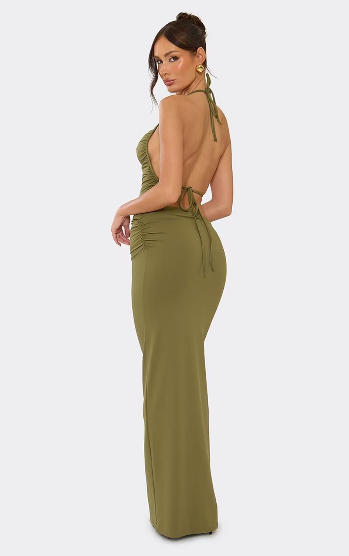EGO Mid Rise Ruched Waist Maxi Skirt In Khaki, Women's Size UK 6