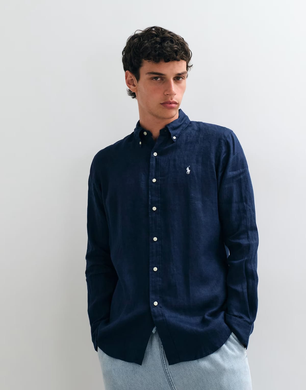 ASOS Polo Ralph Lauren icon logo long sleeve linen shirt in navy - 1
