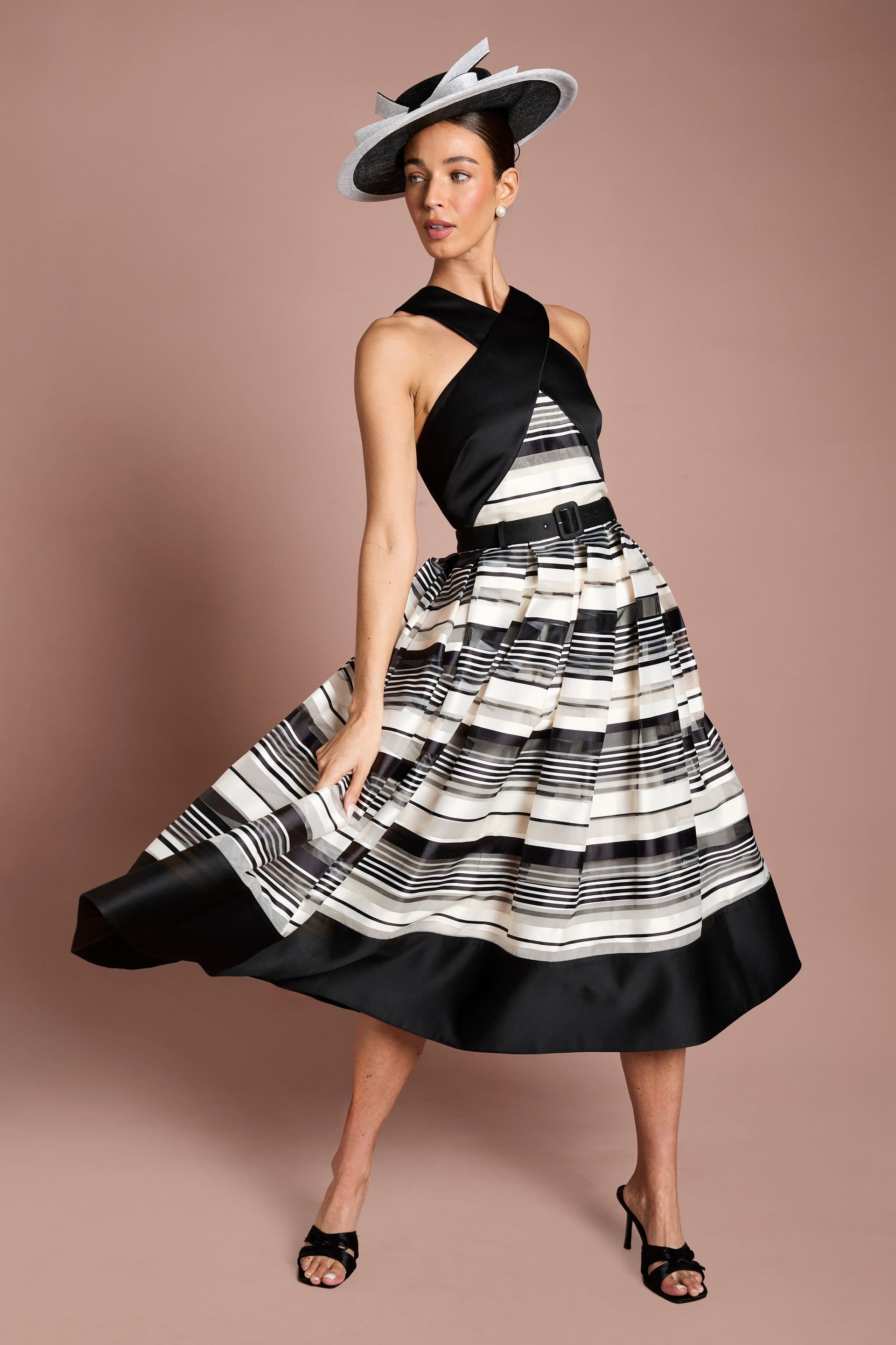 Coast Coast Women's Lisa Tan Halter Neck Mono Stripe Midi Dress