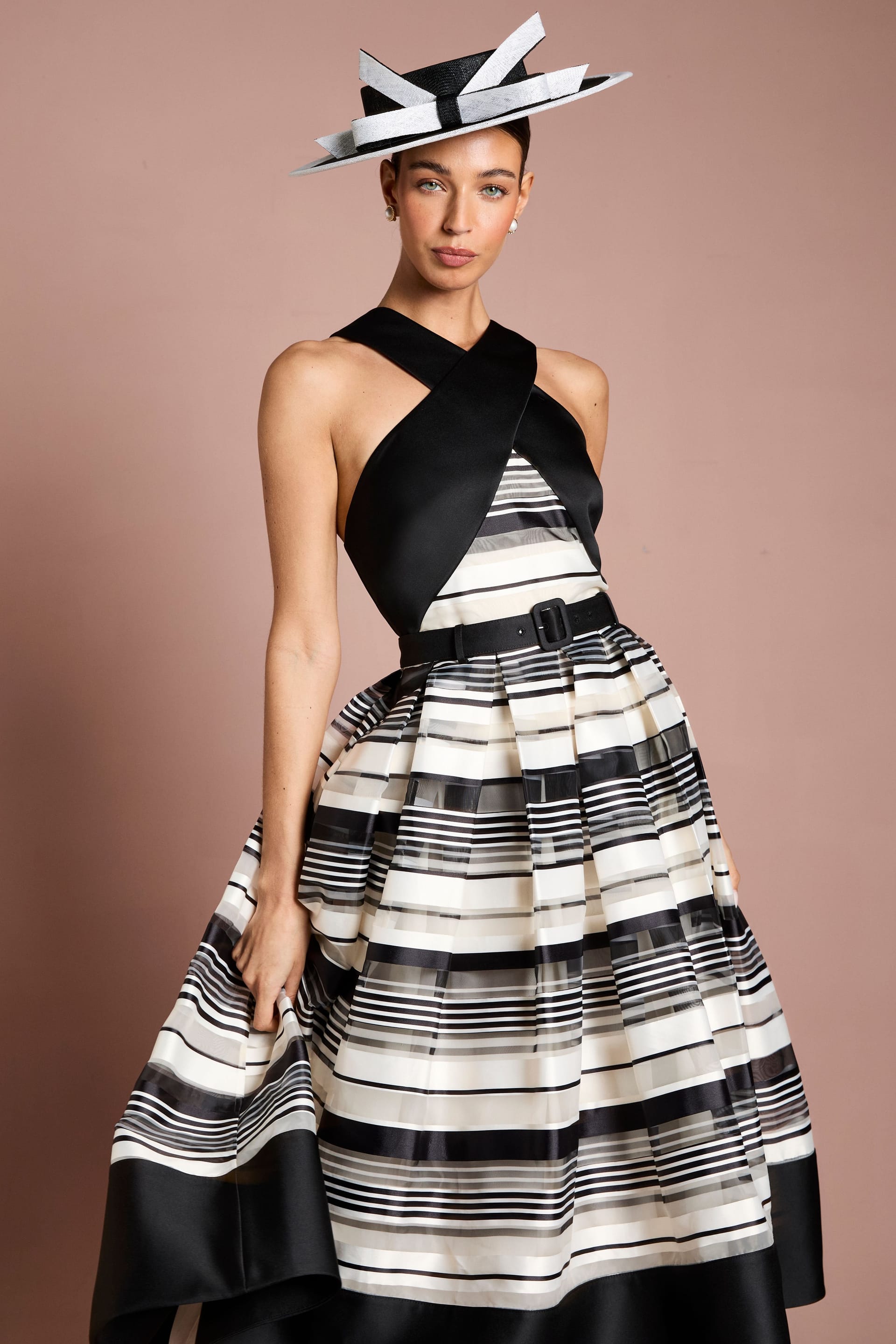 Coast Coast Women's Lisa Tan Halter Neck Mono Stripe Midi Dress - 4