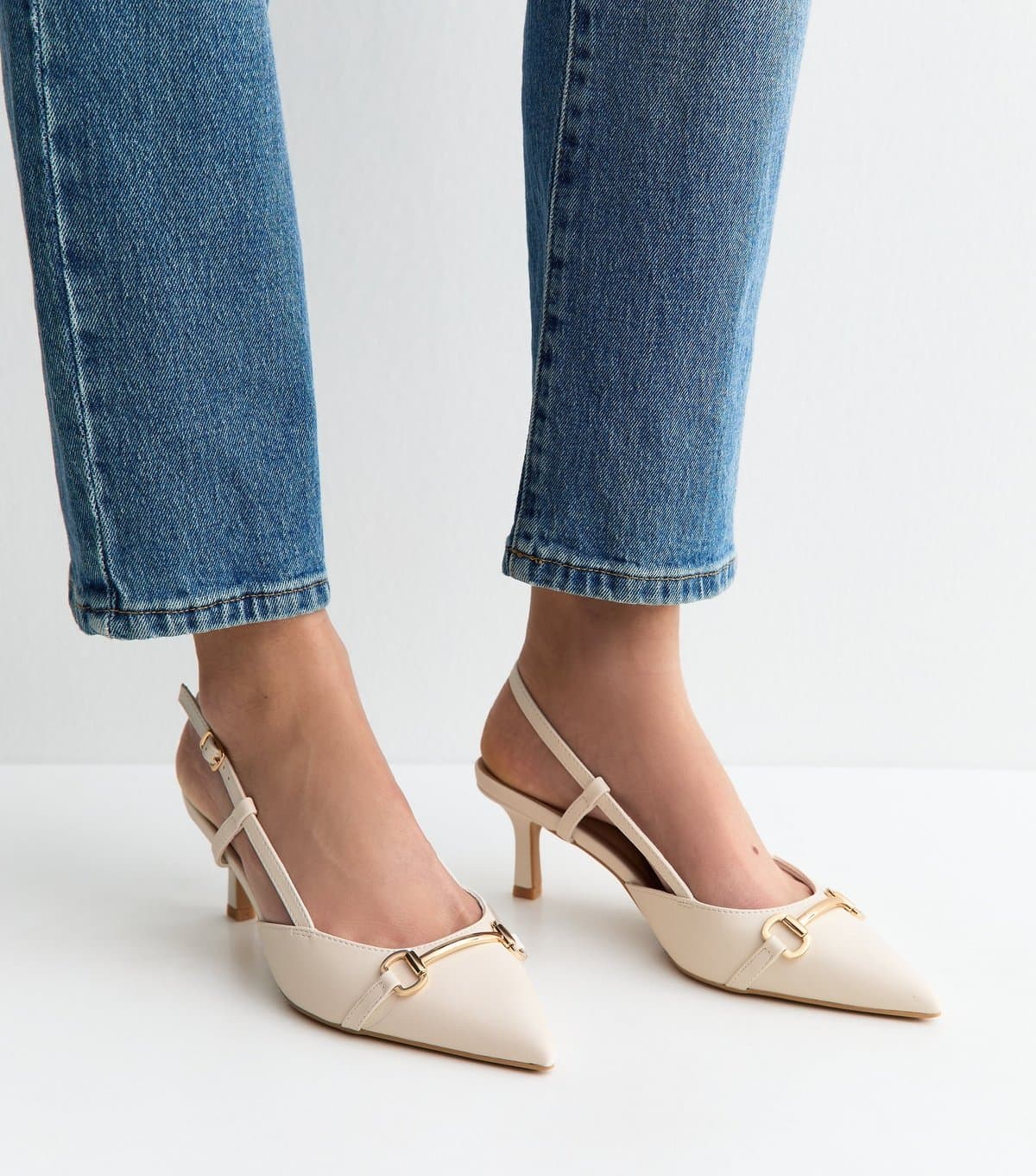 New Look Women's Off White Faux Leather Chain Slingback Court Shoes Vegan New Look