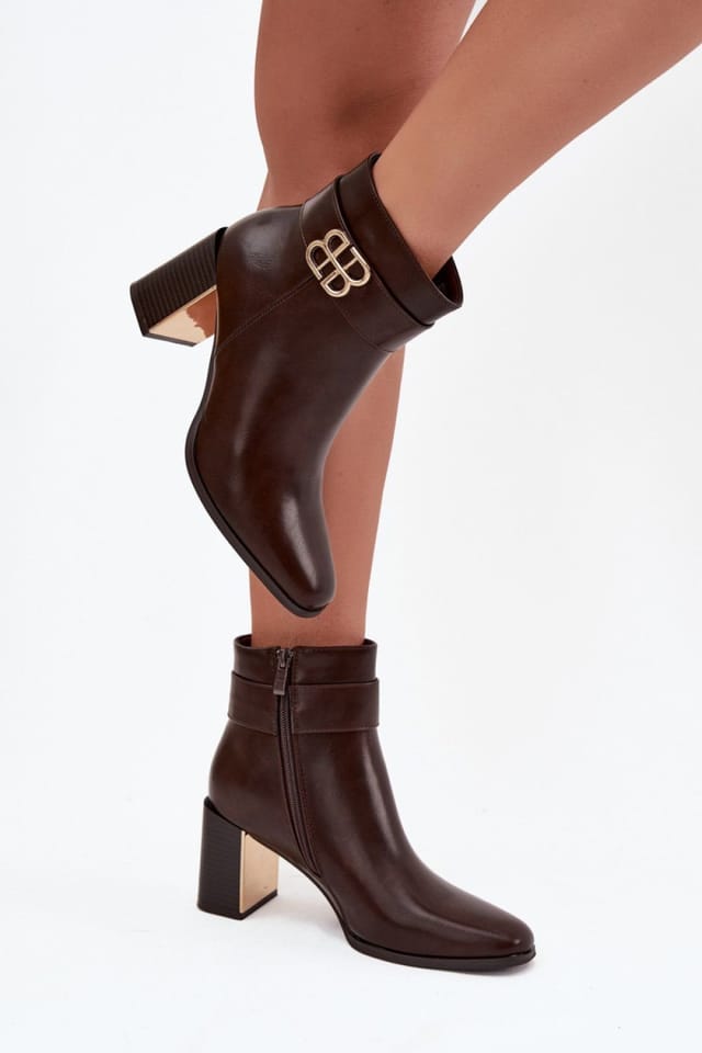 Love Lace Love Lace Women's Ankle Boots with Column Heel & Golden Mirrored Detail in Brown - 3