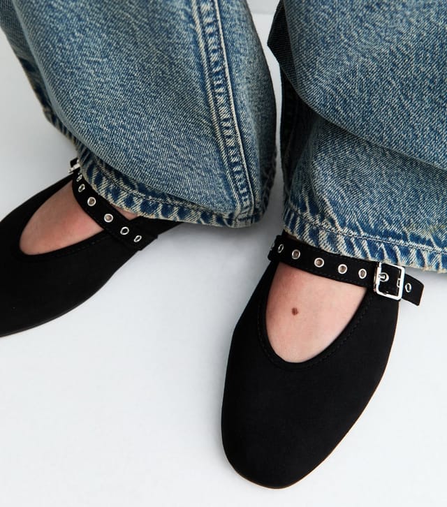 New Look Women's Black Faux Suede Eyelet Strap Mary Jane Flats Vegan New Look - 2