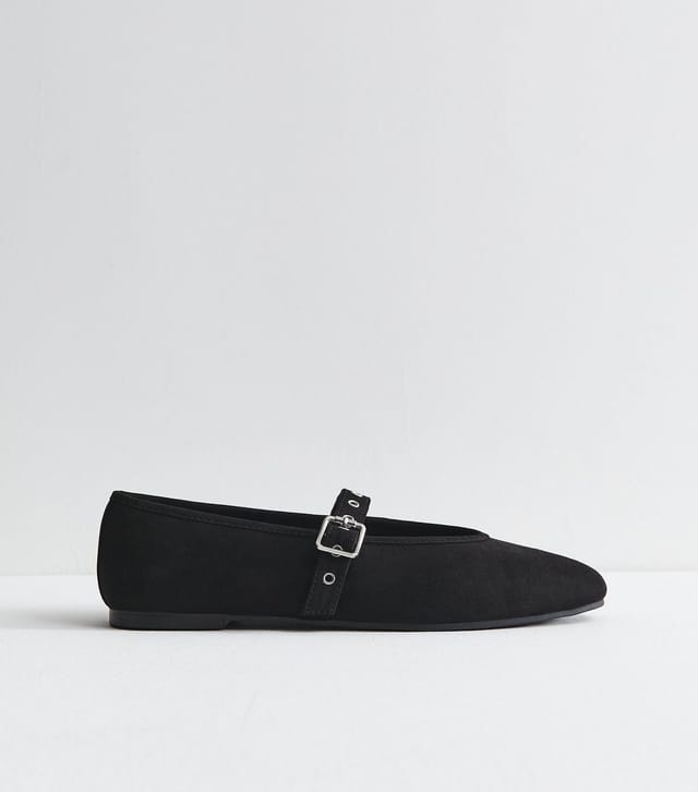 New Look Women's Black Faux Suede Eyelet Strap Mary Jane Flats Vegan New Look - 3