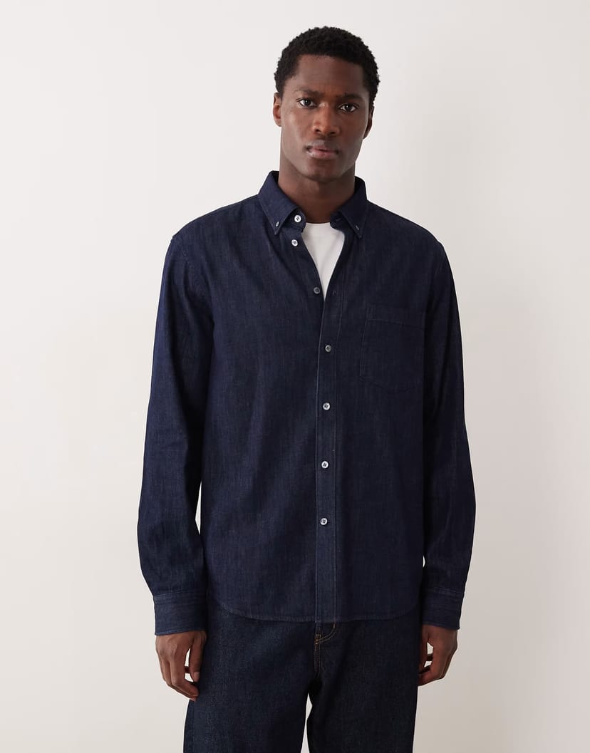 ASOS ARKET denim chambray shirt with button collar in dark wash blue - 1