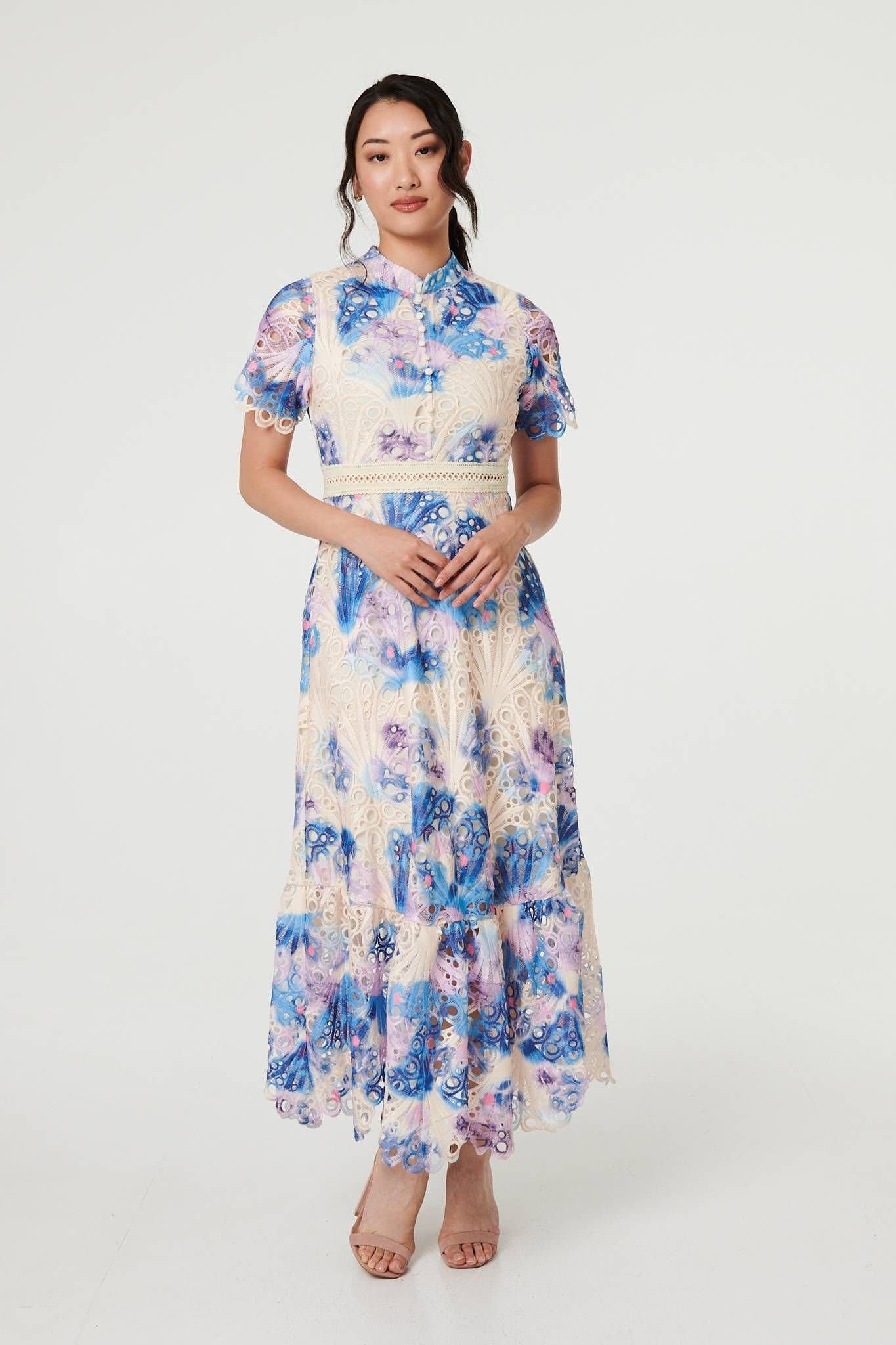 Izabel London Izabel London Women's Floral Lace Trim High Neck Maxi Dress in Blue