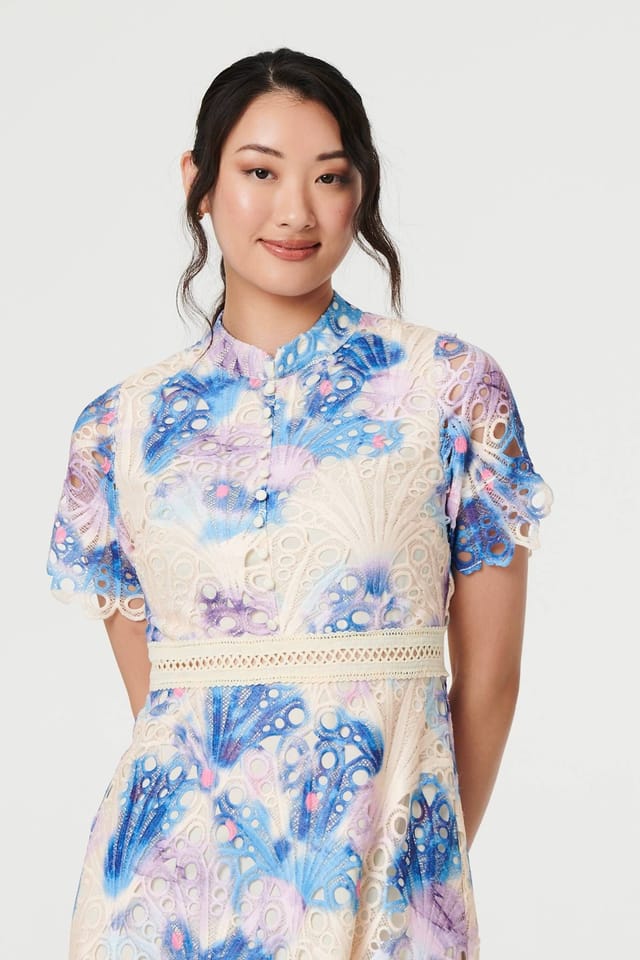 Izabel London Izabel London Women's Floral Lace Trim High Neck Maxi Dress in Blue - 2