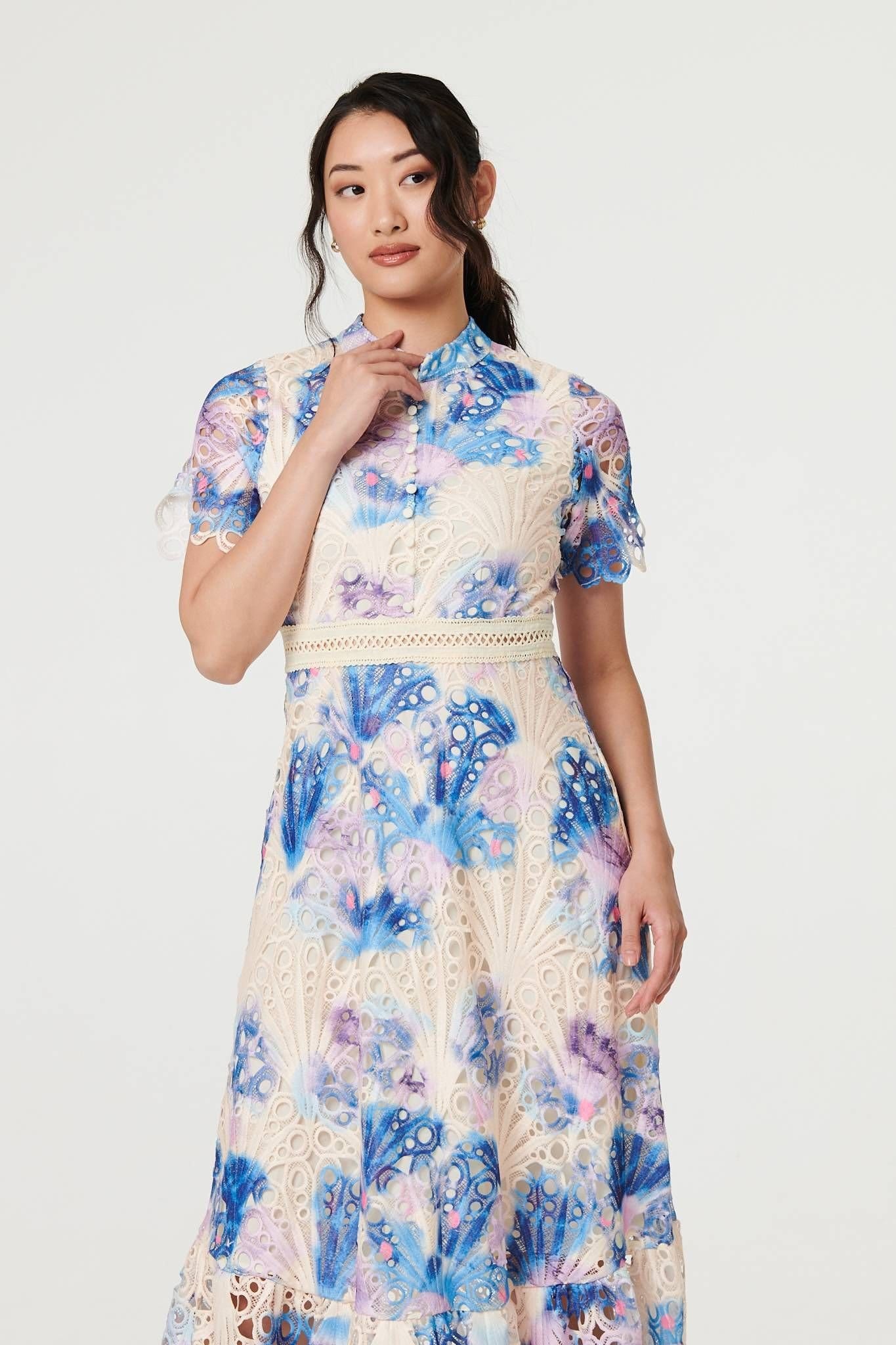 Izabel London Izabel London Women's Floral Lace Trim High Neck Maxi Dress in Blue - 4