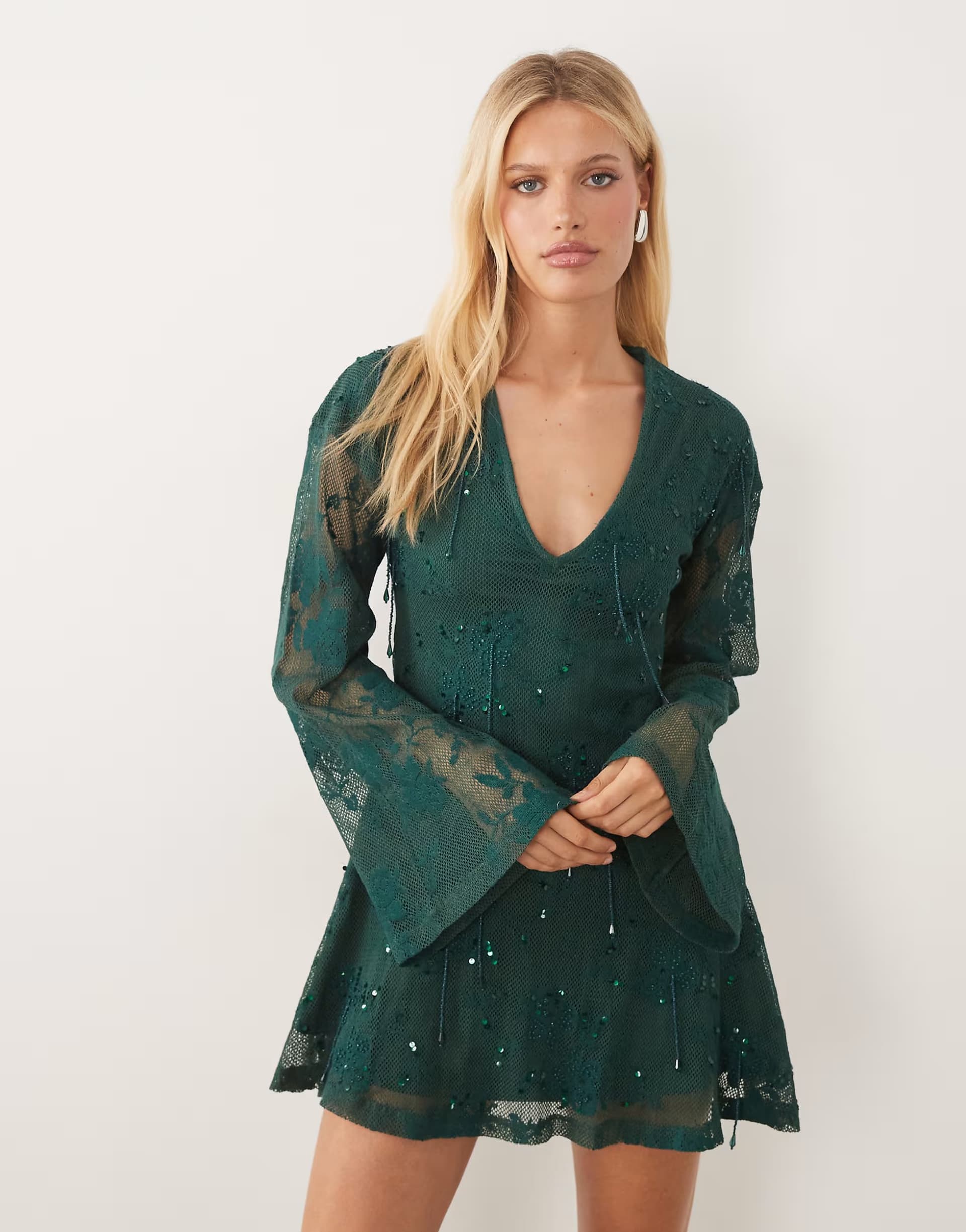 ASOS ASOS DESIGN embellished crochet plunge mini dress with long sleeves in green