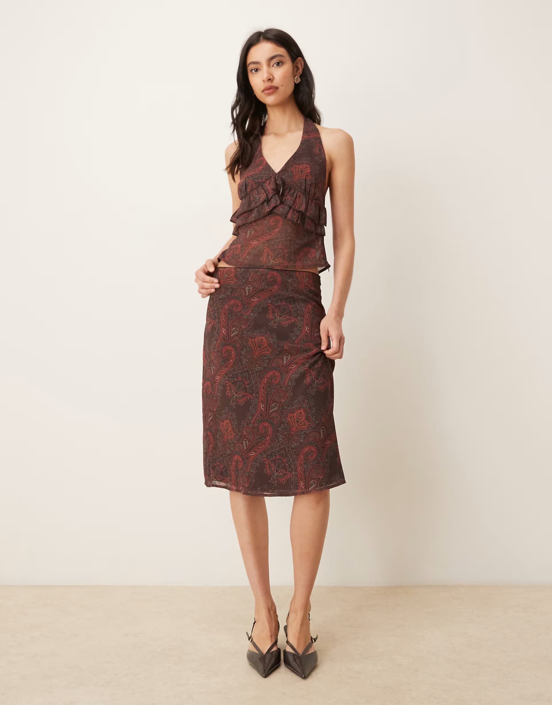 ASOS Motel co-ord Suriela midi skirt in brown royal paisley 