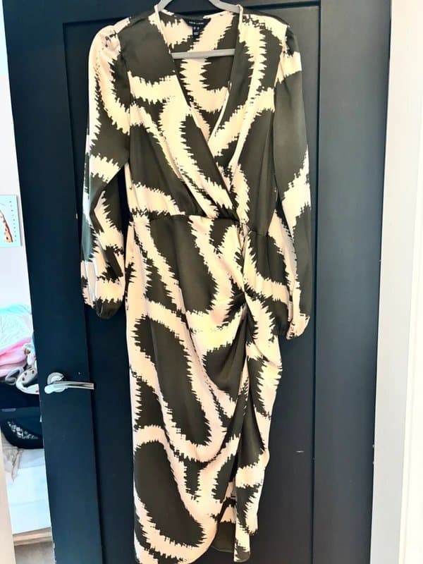 New Look New Look Olive & Pink Swirl Midi Dress – Size 14 | Wrap Style with Split