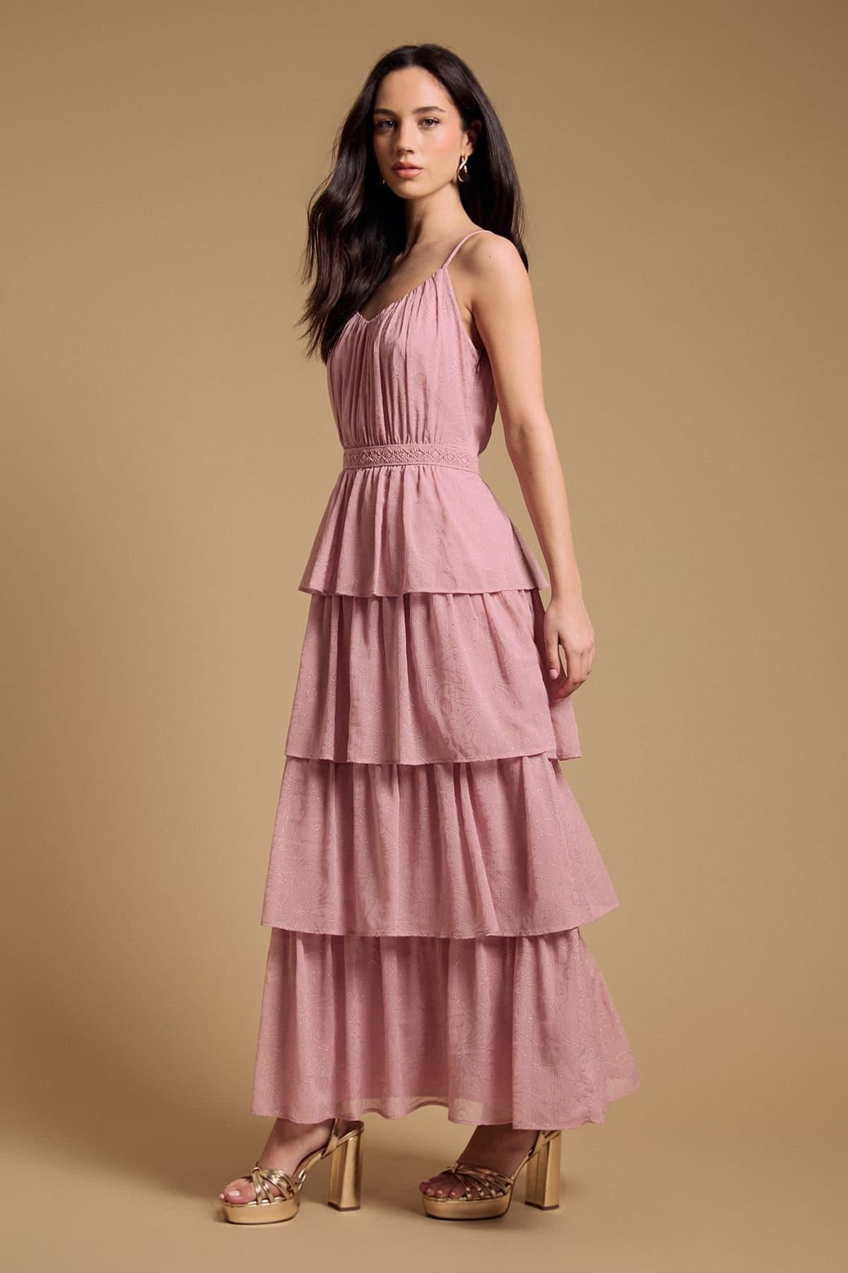Oasis Oasis Women's Strappy Tiered Frill Midaxi Dress in Dusty Rose