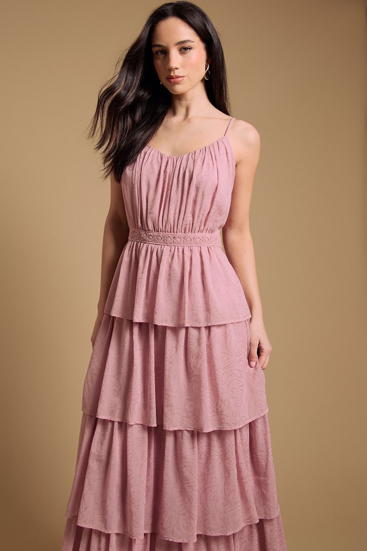 Oasis Oasis Women's Strappy Tiered Frill Midaxi Dress in Dusty Rose - 4