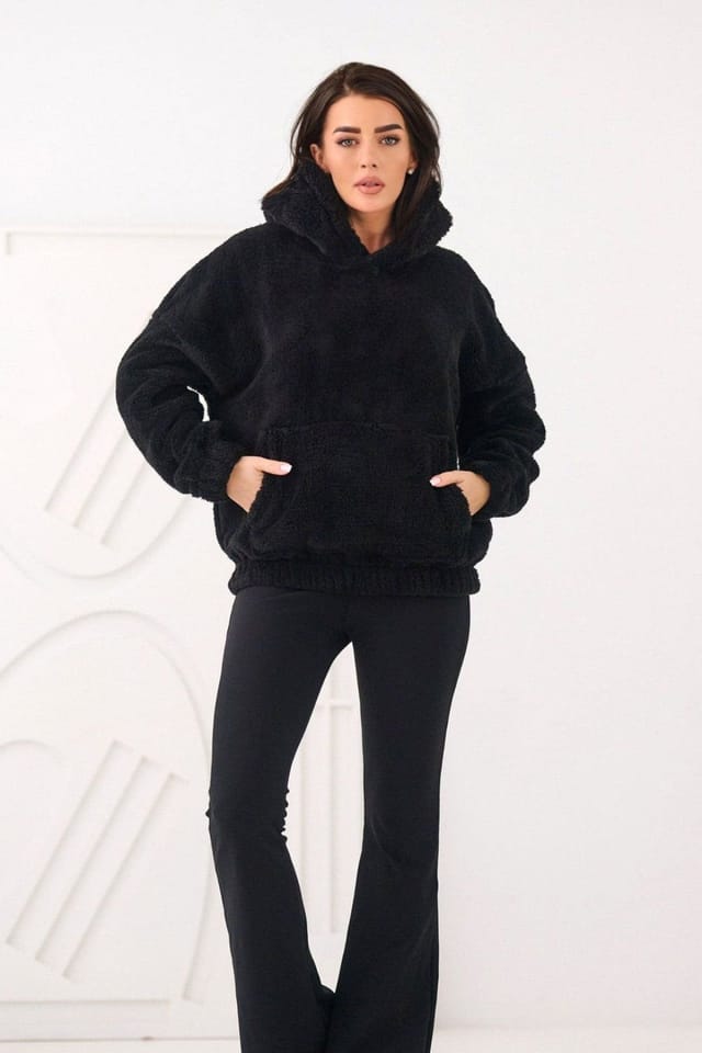 Love Lace Love Lace Women's Casual Teddy Bear Motif Hooded Sweatshirt in Black - 2
